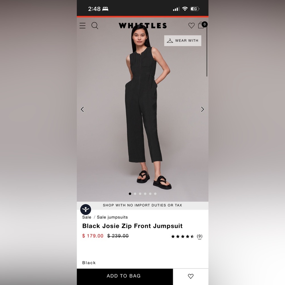 Whistles Black Josie Zip Front Jumpsuit